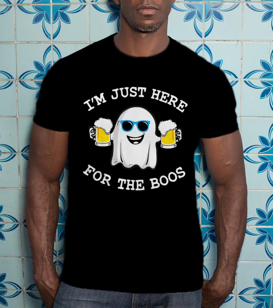 I'm Just Here For The Boos Funny Halloween Ghost With Beers And Sunglasses T-Shirt