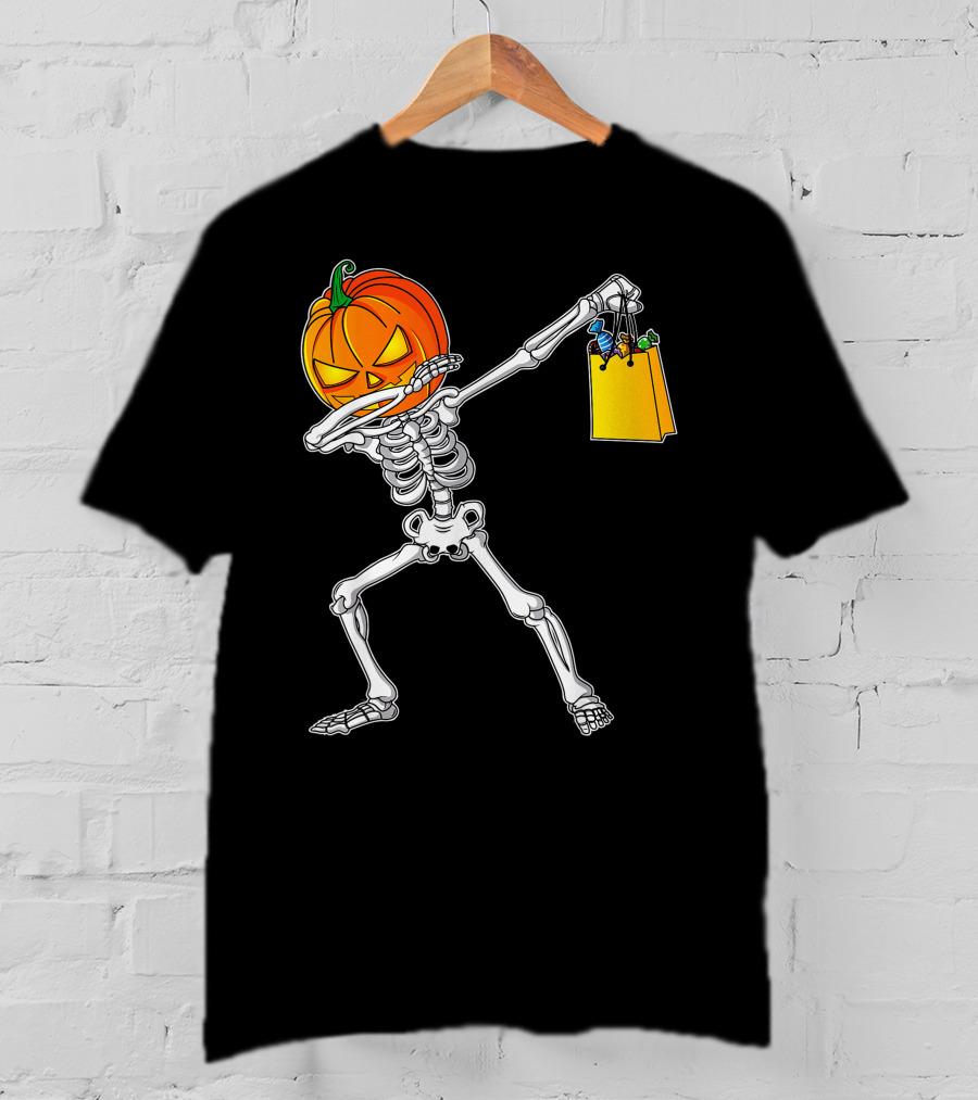 Funny Dabbing Skeleton With Pumpkin Head And Candy Bag For Halloween Kids T-Shirt