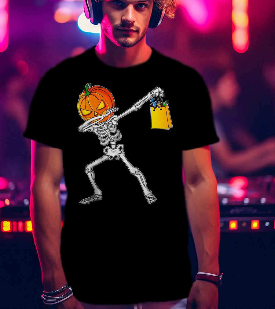 Funny Dabbing Skeleton With Pumpkin Head And Candy Bag For Halloween Kids T-Shirt