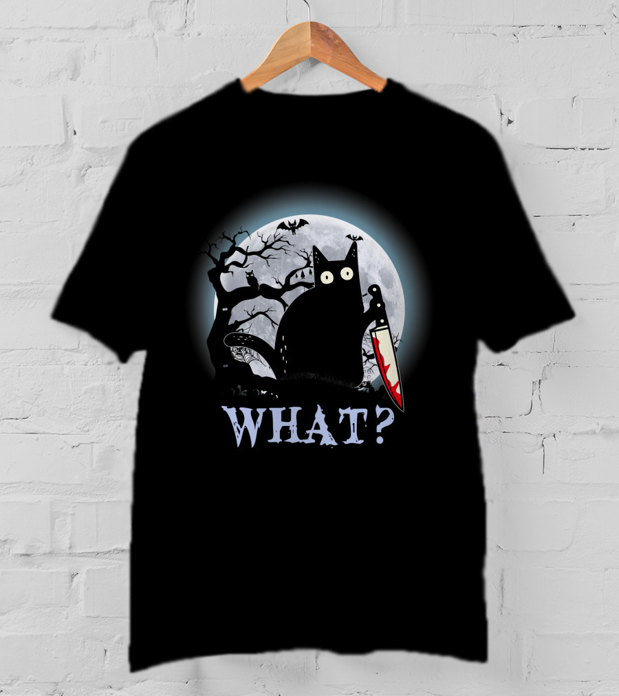 What? Black Cat With Knife Moon Halloween Scene T-Shirt
