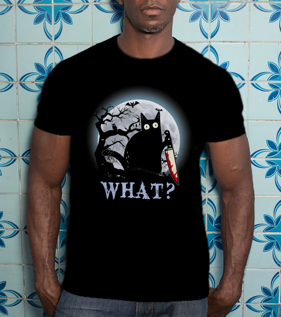 What? Black Cat With Knife Moon Halloween Scene T-Shirt