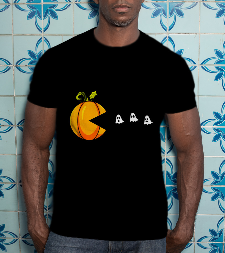 Pumpkin Pac-Man Chomping Ghosts Halloween T-Shirt