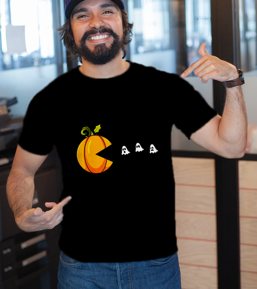 Pumpkin Pac-Man Chomping Ghosts Halloween T-Shirt