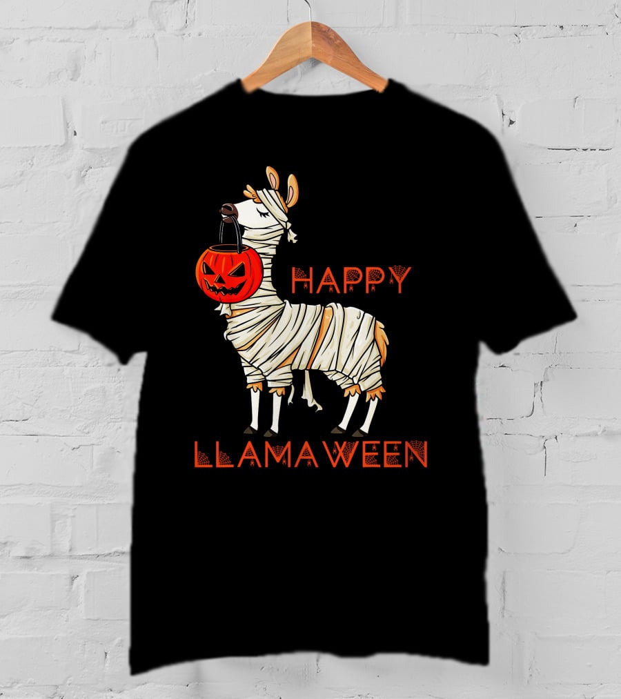 Happy Llamaween Funny Halloween Mummy Llama With Pumpkin Girls T-Shirt