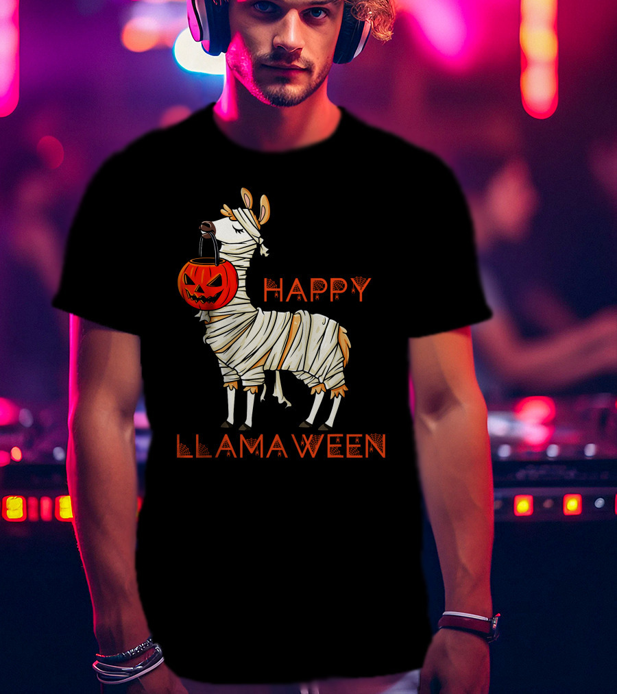 Happy Llamaween Funny Halloween Mummy Llama With Pumpkin Girls T-Shirt