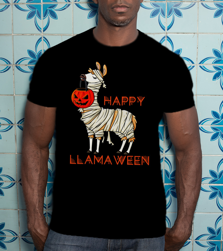 Happy Llamaween Funny Halloween Mummy Llama With Pumpkin Girls T-Shirt