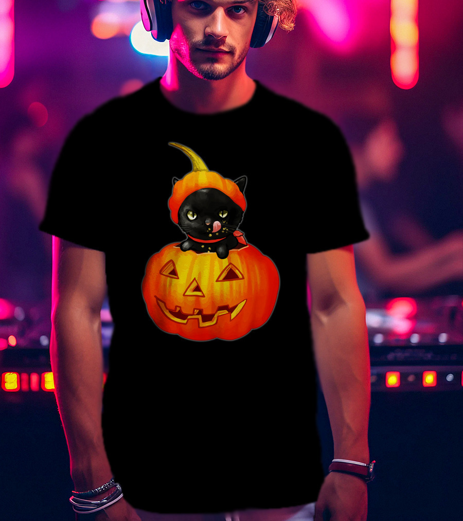 Funny Halloween Cats And Pumpkins With Scary Black Cat T-Shirt