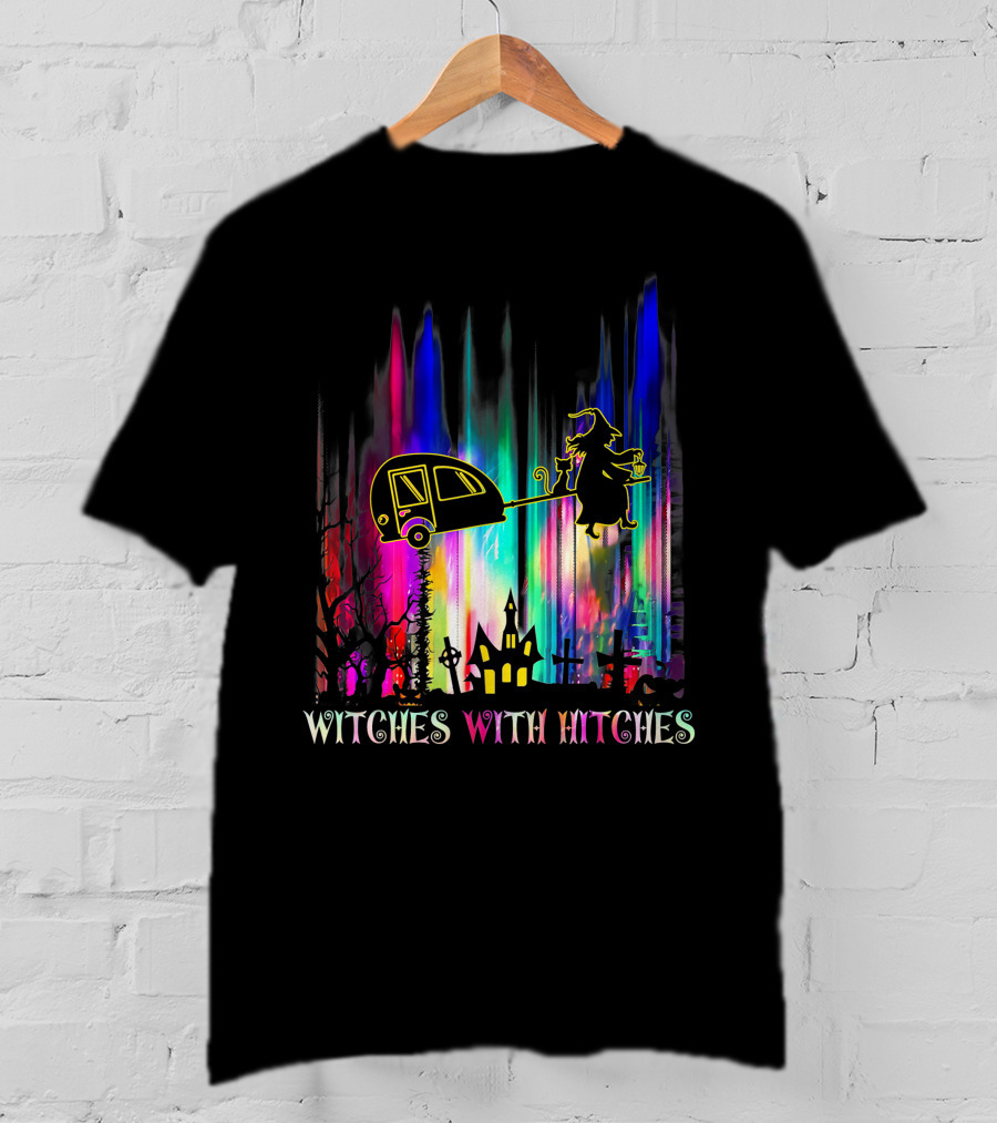 Witches With Hitches Halloween Camping Scene With Colorful Background T-Shirt