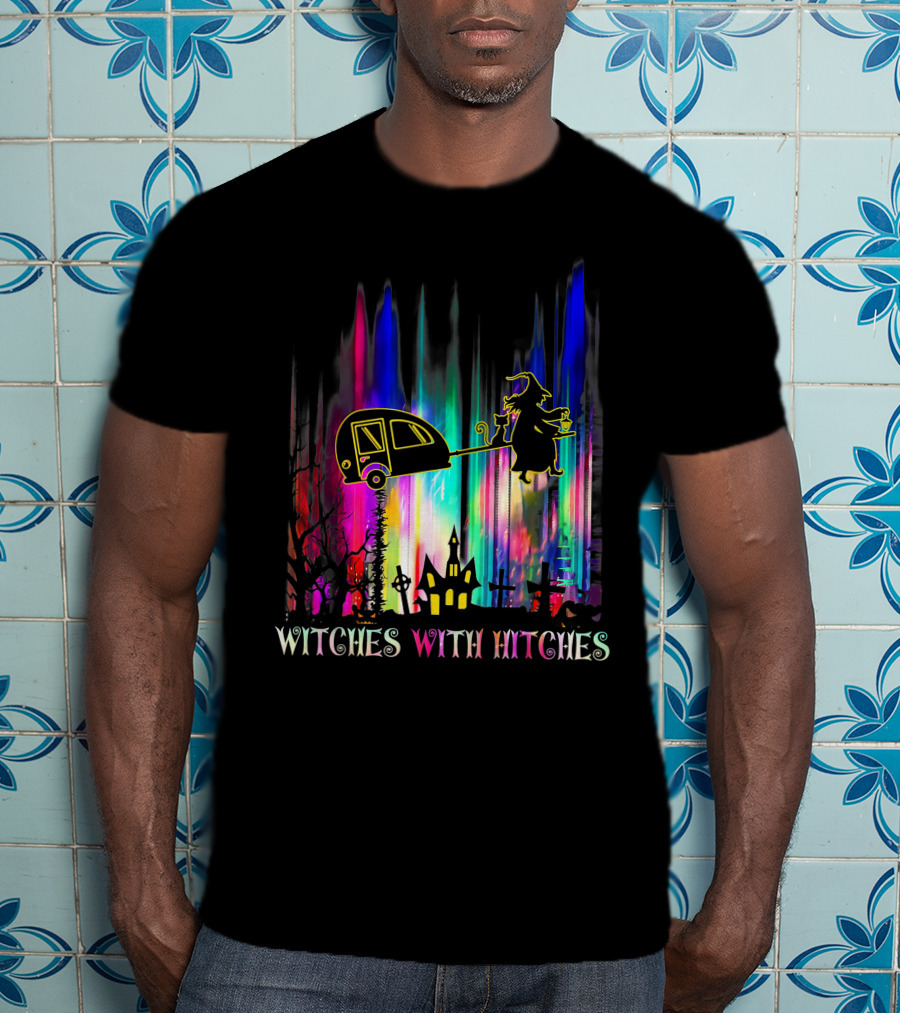 Witches With Hitches Halloween Camping Scene With Colorful Background T-Shirt