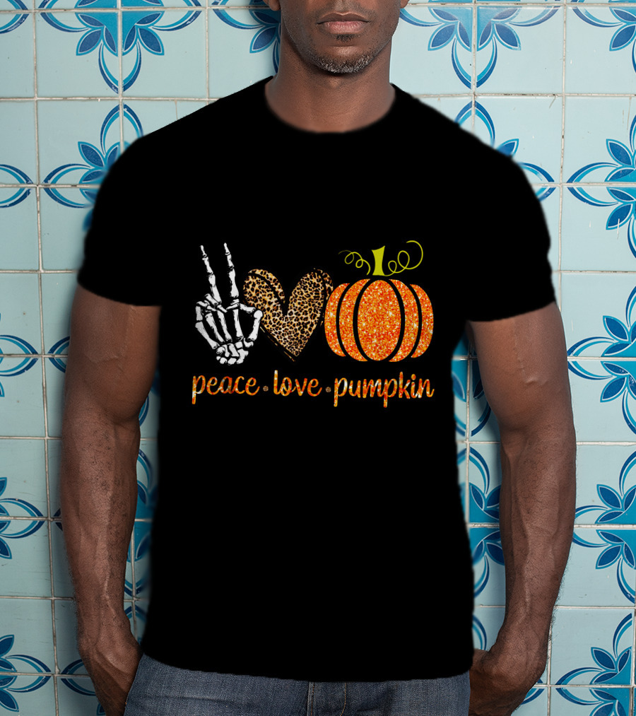 Peace Love Pumpkin Halloween Fall Girls Skeleton Leopard Print T-Shirt