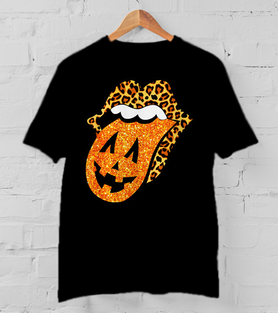 Leopard Lips Pumpkin Tongue Halloween Jack-O'-Lantern Face T-Shirt