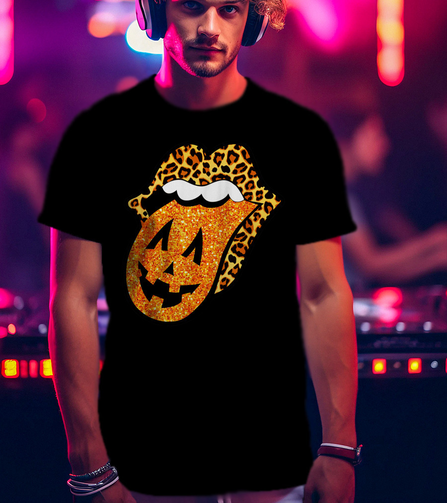 Leopard Lips Pumpkin Tongue Halloween Jack-O'-Lantern Face T-Shirt