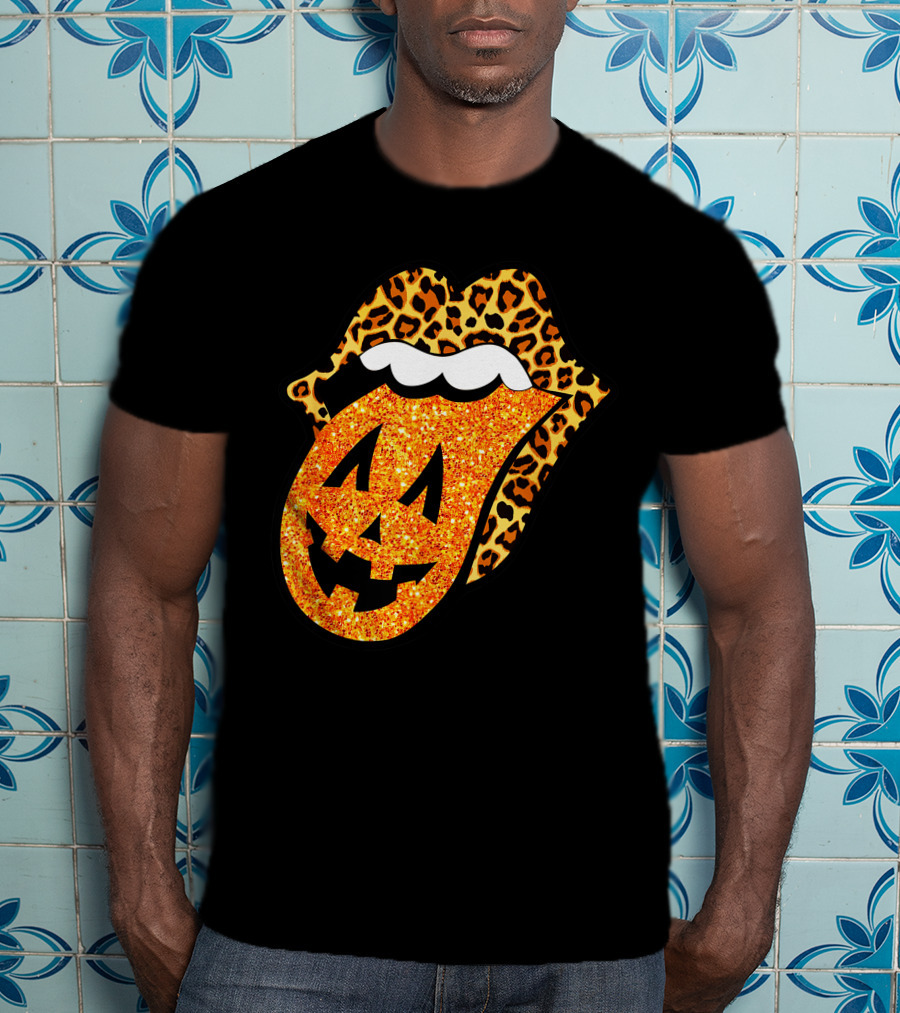 Leopard Lips Pumpkin Tongue Halloween Jack-O'-Lantern Face T-Shirt