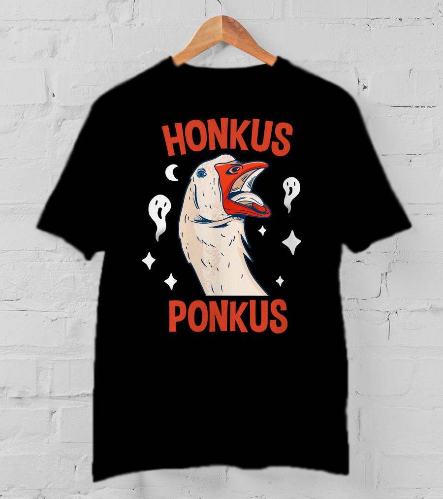 Honkus Ponkus Funny Halloween Duck With Ghosts And Stars T-Shirt