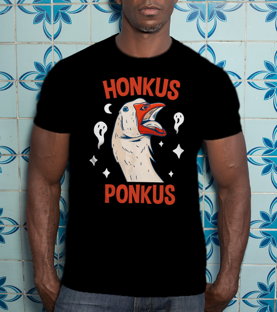 Honkus Ponkus Funny Halloween Duck With Ghosts And Stars T-Shirt