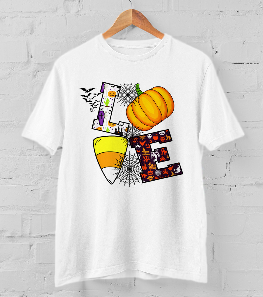 Love Pumpkin Candy Corn Halloween Spiderweb Bats Ghosts T-Shirt