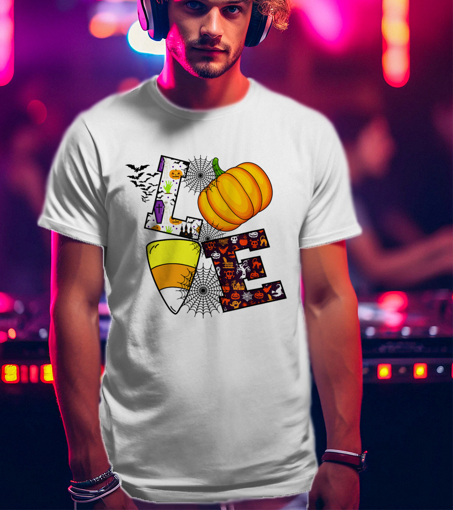 Love Pumpkin Candy Corn Halloween Spiderweb Bats Ghosts T-Shirt