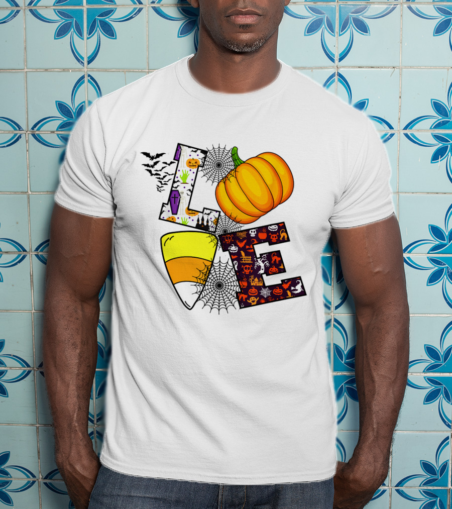 Love Pumpkin Candy Corn Halloween Spiderweb Bats Ghosts T-Shirt