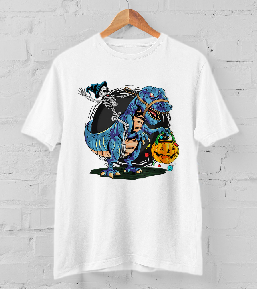 Skeleton Riding Dinosaur Halloween Candy Pumpkin Monster T-Shirt