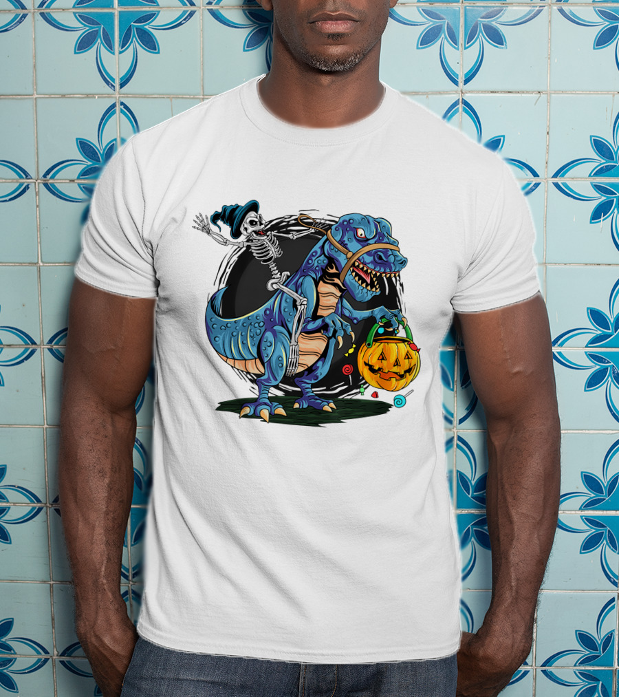 Skeleton Riding Dinosaur Halloween Candy Pumpkin Monster T-Shirt