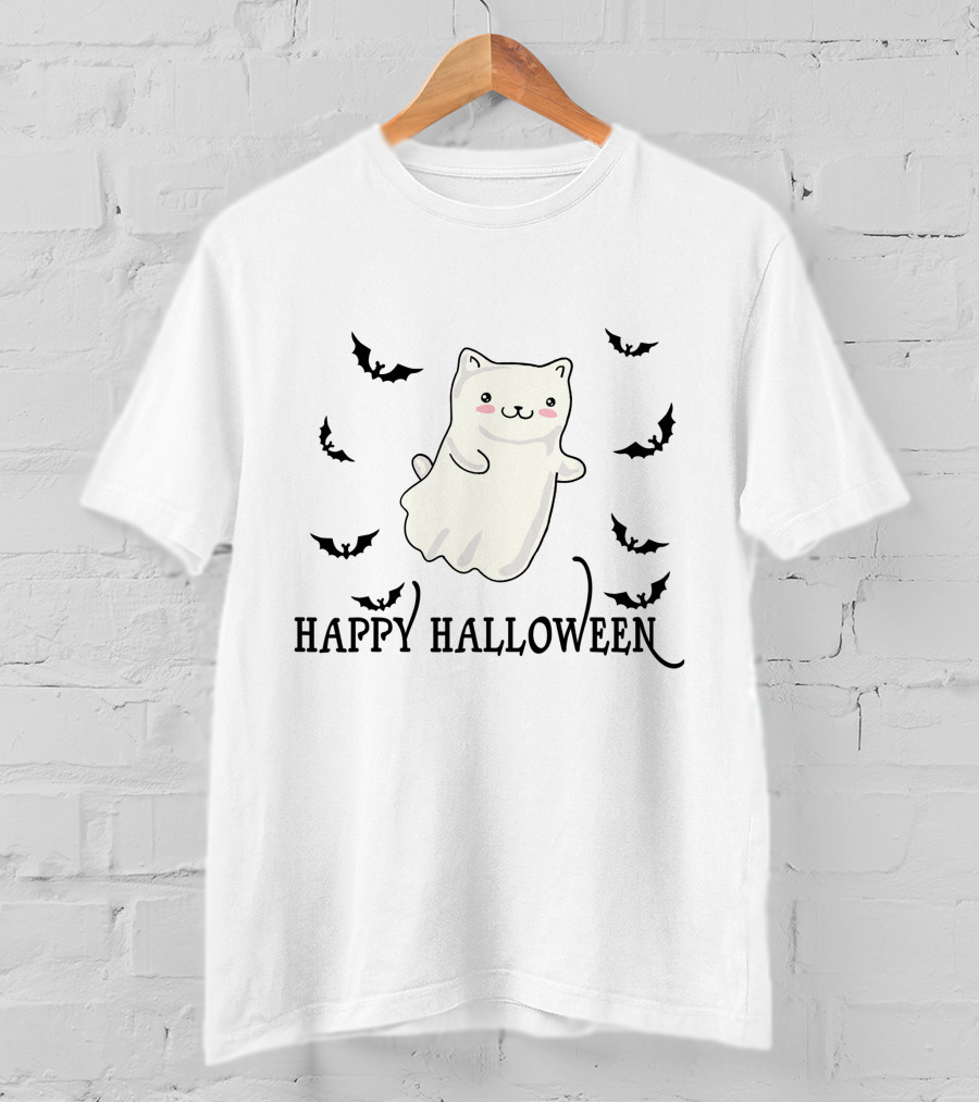 Happy Halloween Ghost Cat With Flying Bats T-Shirt