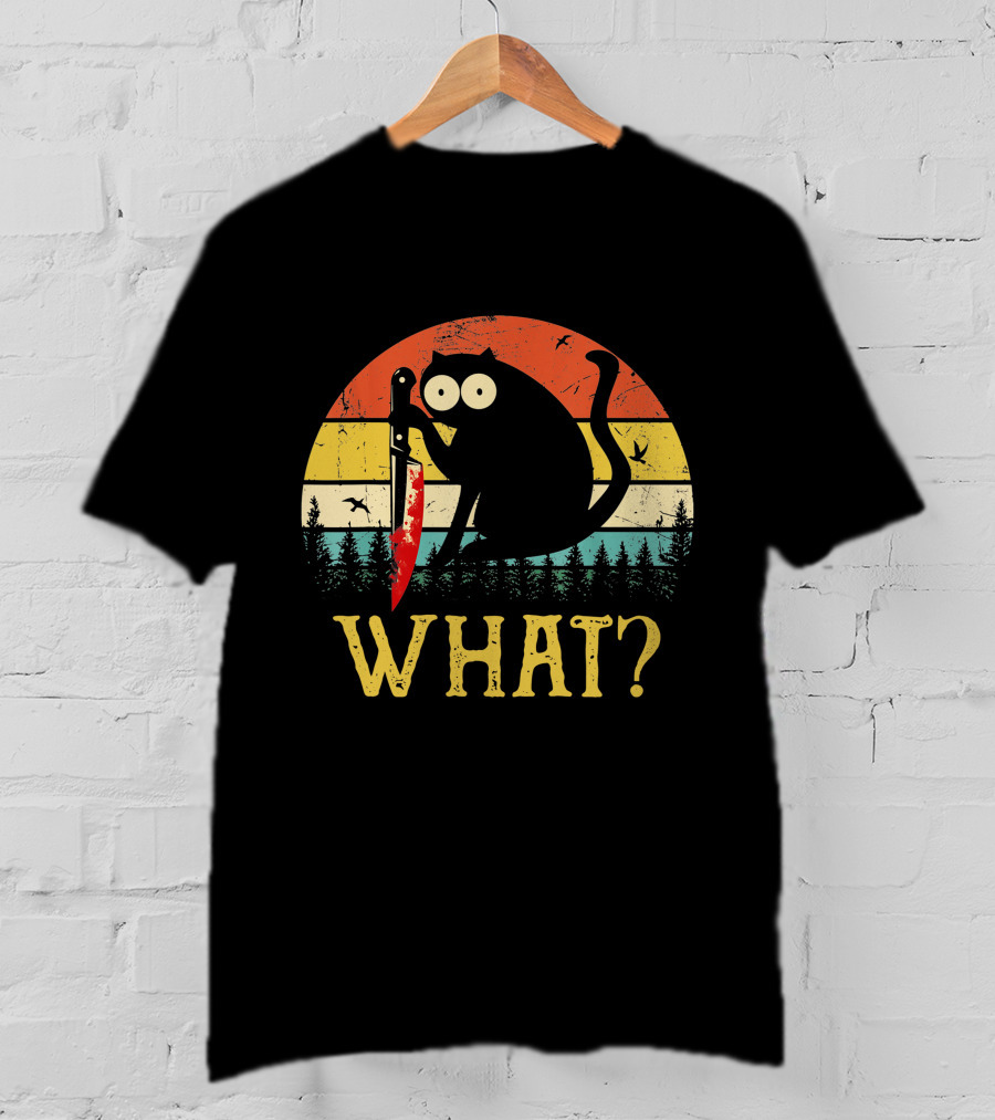 Black Cat What Retro Vintage Knife Sunset T-Shirt