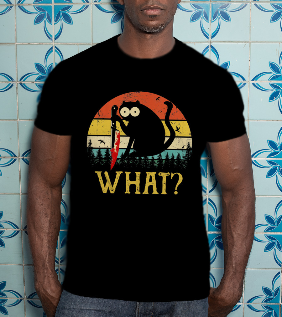 Black Cat What Retro Vintage Knife Sunset T-Shirt