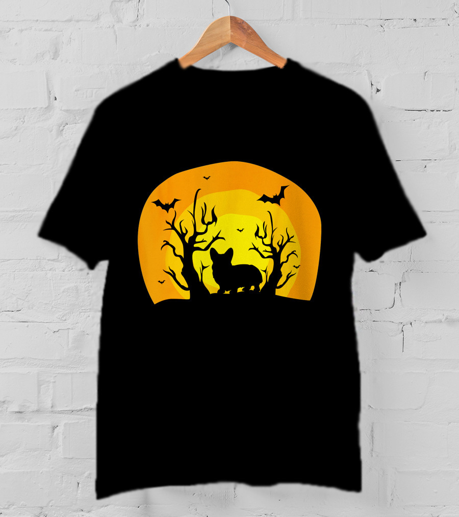 Corgi Dog Bat Halloween Silhouette With Moon And Trees T-Shirt