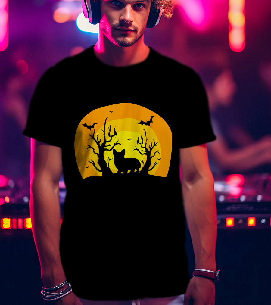 Corgi Dog Bat Halloween Silhouette With Moon And Trees T-Shirt