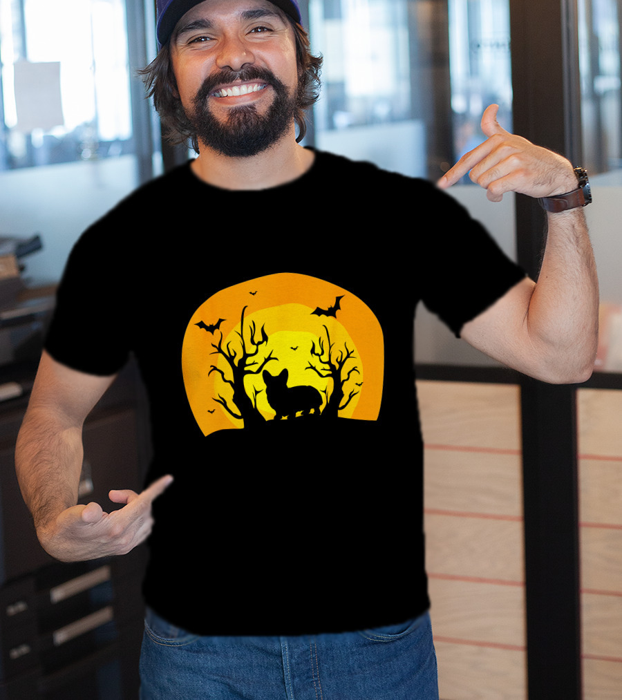 Corgi Dog Bat Halloween Silhouette With Moon And Trees T-Shirt