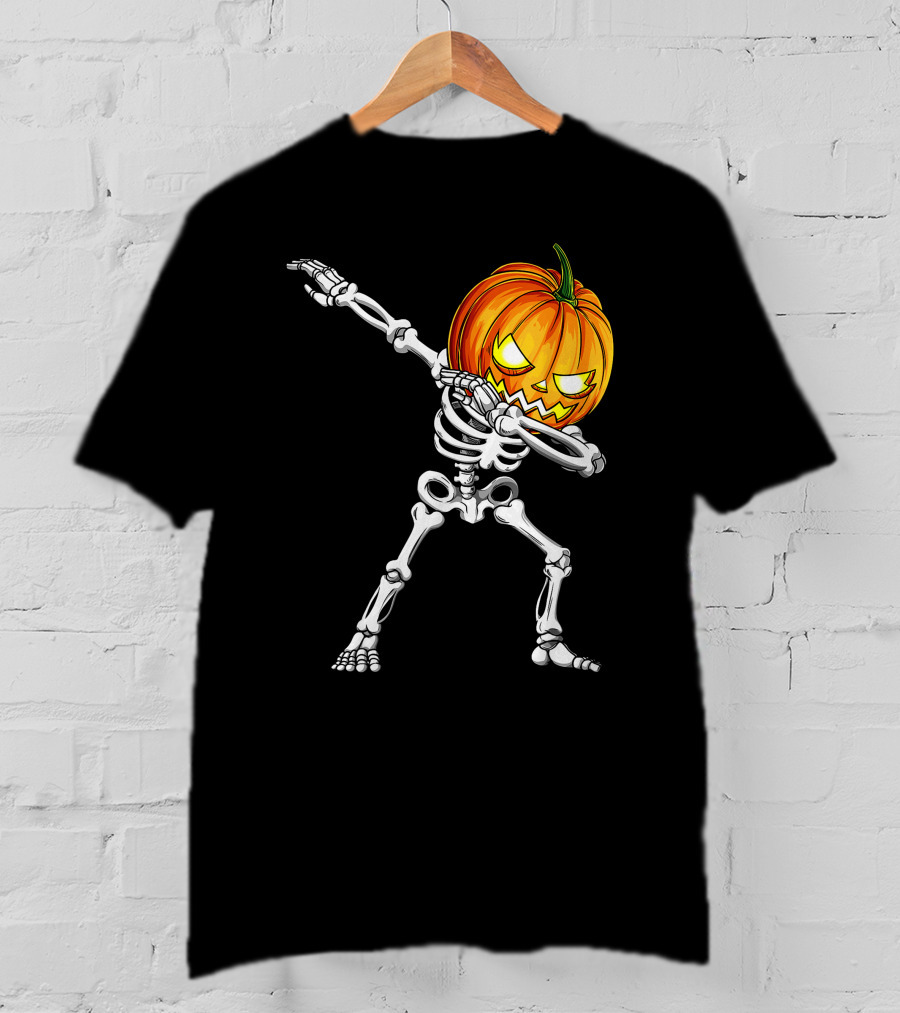 Halloween Dabbing Skeleton With Pumpkin Head T-Shirt