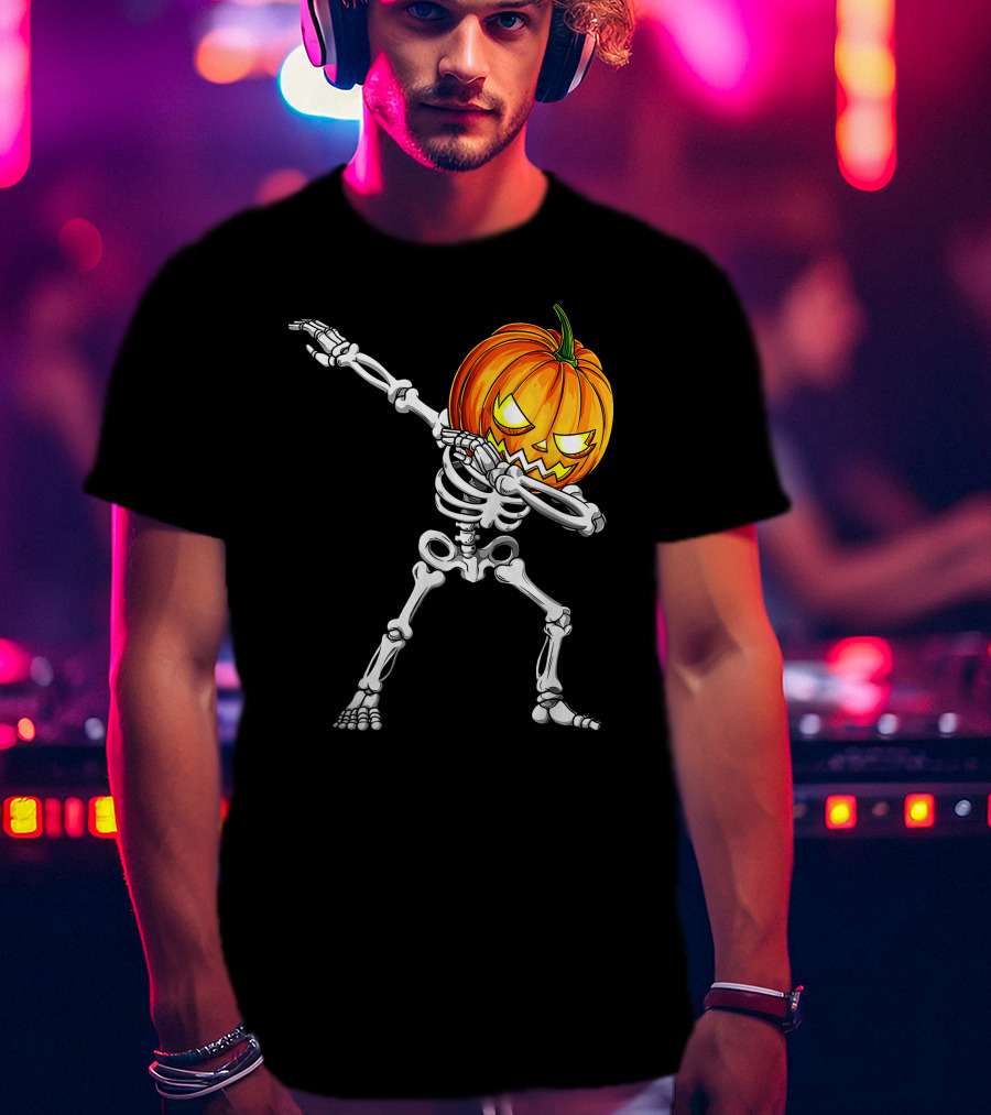 Halloween Dabbing Skeleton With Pumpkin Head T-Shirt