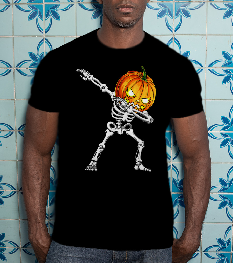 Halloween Dabbing Skeleton With Pumpkin Head T-Shirt