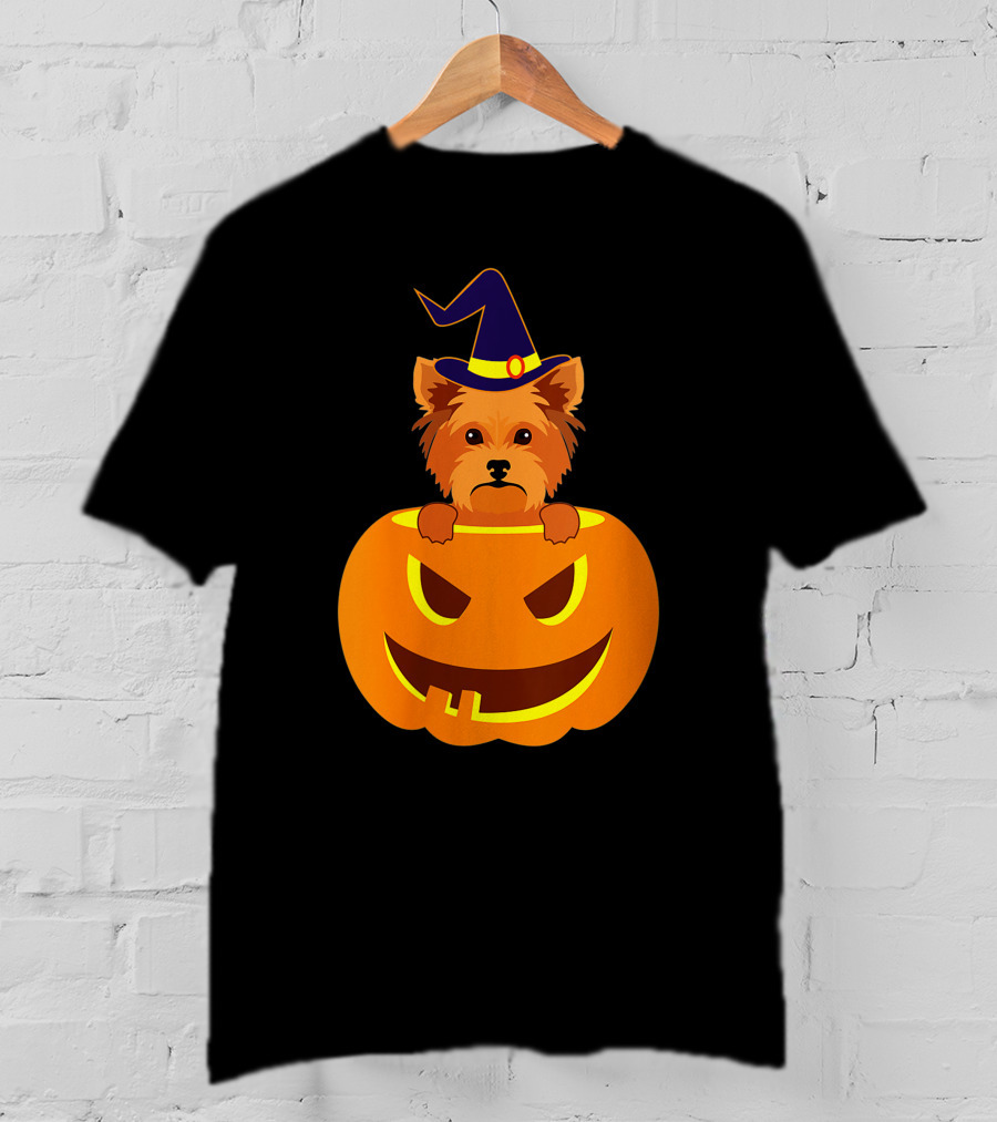 Yorkie Witch Hat Pumpkin Halloween Yorkshire Terrier T-Shirt