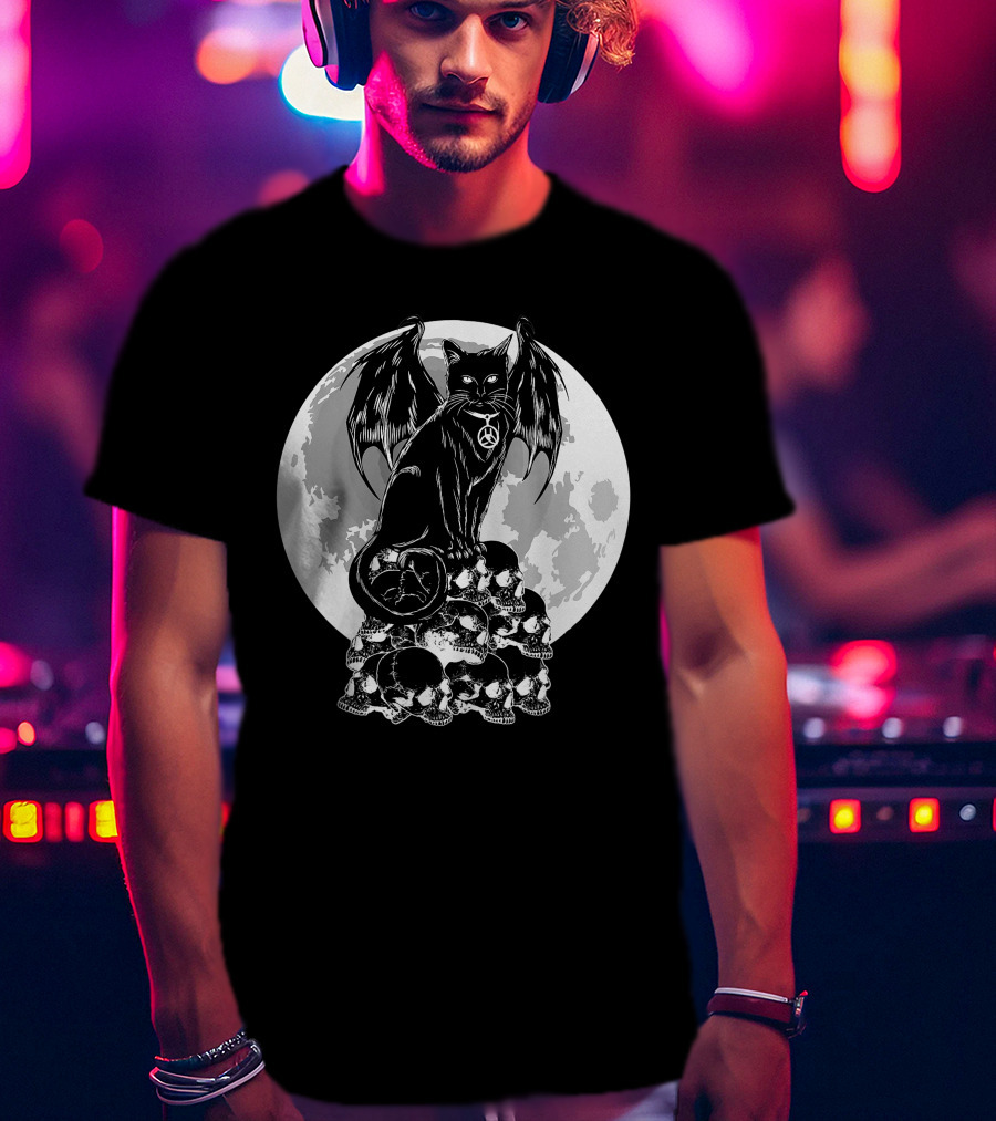 Halloween Cat Wings Skulls Moon Creepy Peace Sign T-Shirt