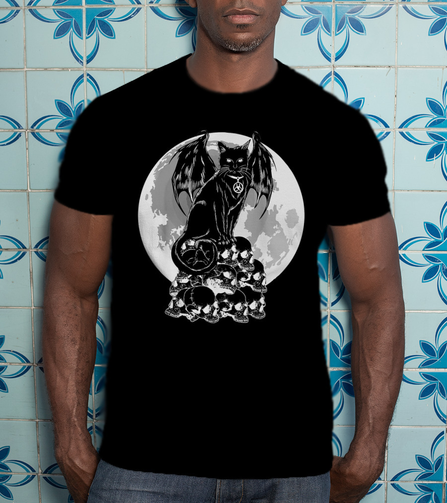 Halloween Cat Wings Skulls Moon Creepy Peace Sign T-Shirt
