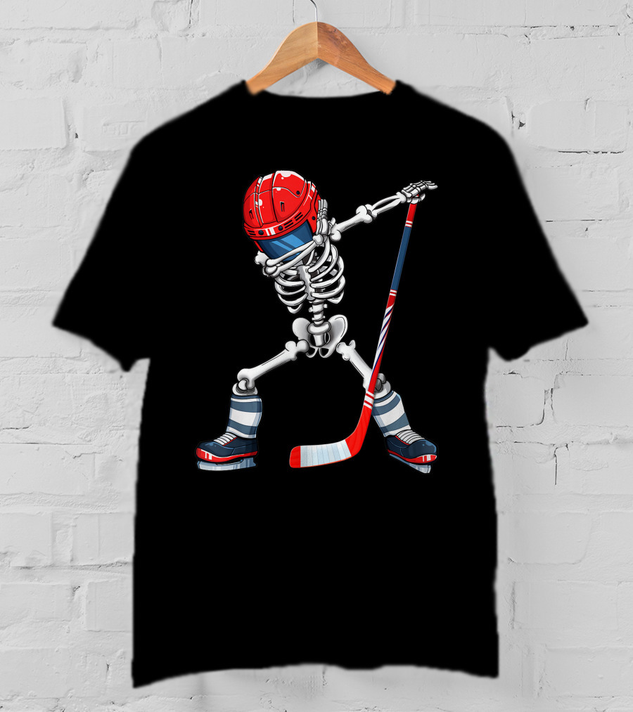 Dabbing Skeleton Ice Hockey Player Helmet And Stick T-Shirt