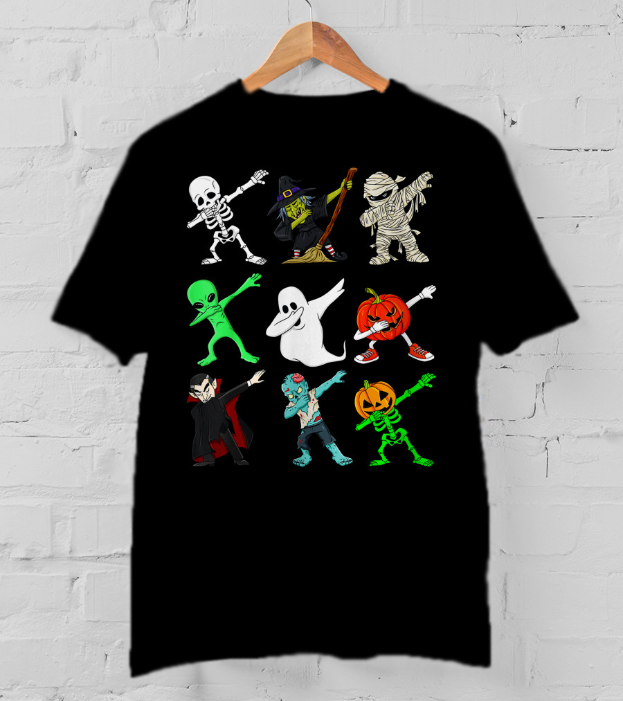 Halloween Dabbing Skeleton Witch Mummy Alien Ghost Pumpkin Vampire Zombie Monsters T-Shirt