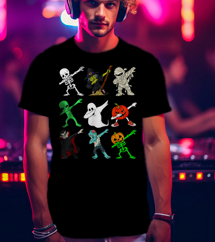Halloween Dabbing Skeleton Witch Mummy Alien Ghost Pumpkin Vampire Zombie Monsters T-Shirt