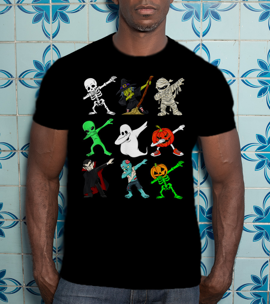 Halloween Dabbing Skeleton Witch Mummy Alien Ghost Pumpkin Vampire Zombie Monsters T-Shirt