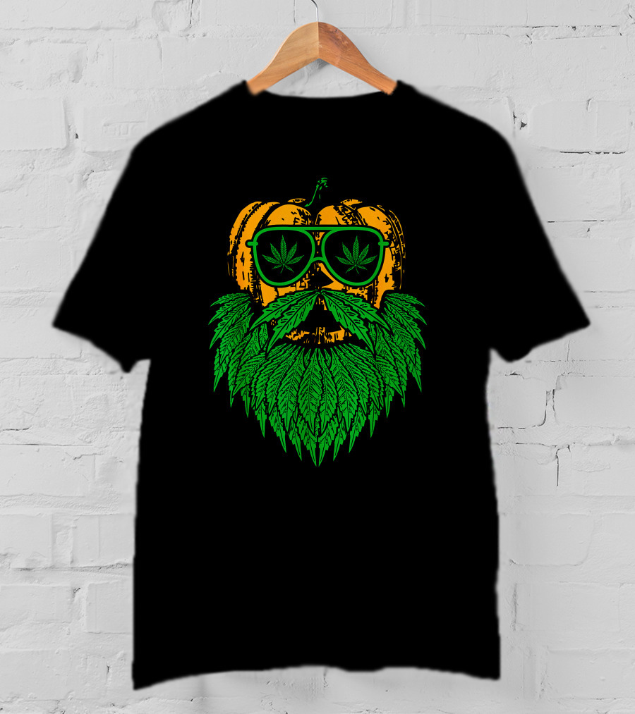 Weed Leaf Bearded Pumpkin With Sunglasses Costume Cool T-Shirt