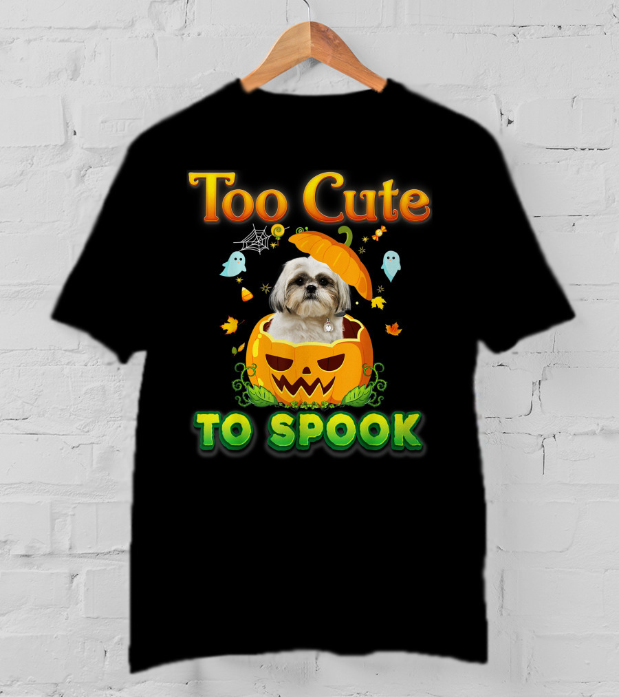 Too Cute To Spook Shih Tzu Dog In Pumpkin Halloween Ghost Leaves T-Shirt