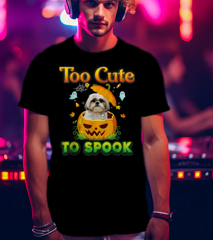 Too Cute To Spook Shih Tzu Dog In Pumpkin Halloween Ghost Leaves T-Shirt