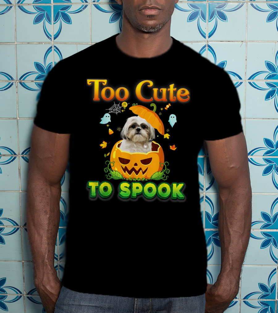 Too Cute To Spook Shih Tzu Dog In Pumpkin Halloween Ghost Leaves T-Shirt