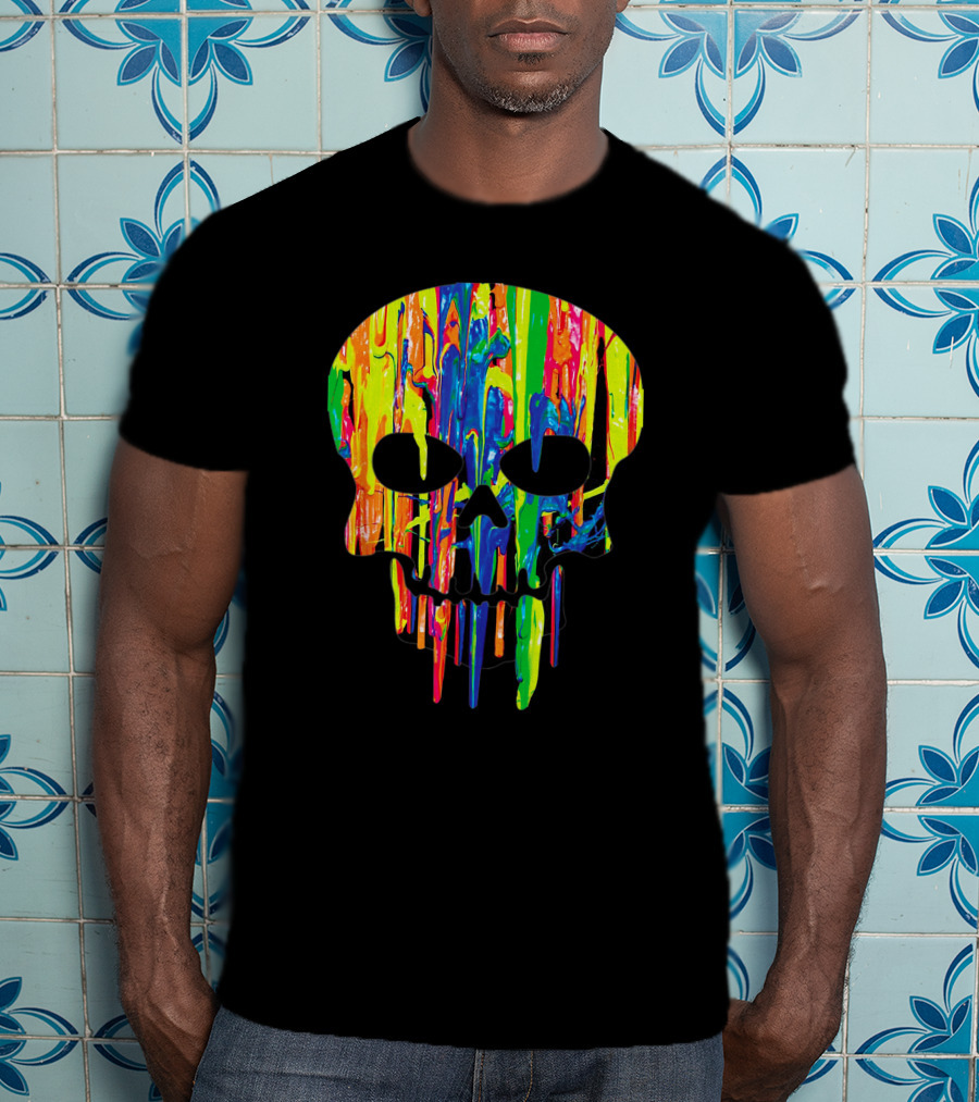 Colorful Melting Skull Cool Neon Drip Skull T-Shirt