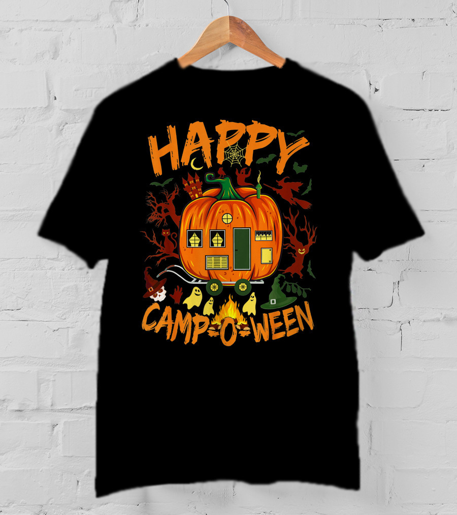 Happy Camp O Ween Funny Halloween Camping Camper Pumpkin Ghosts Witch Hat Spooky Fire T-Shirt