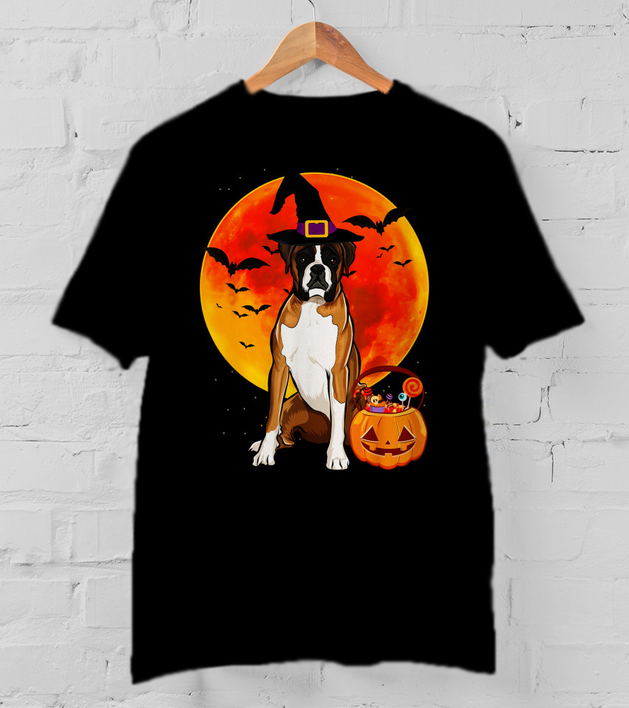 Boxer Dog With Witch Hat Pumpkin Full Moon Halloween Bats T-Shirt