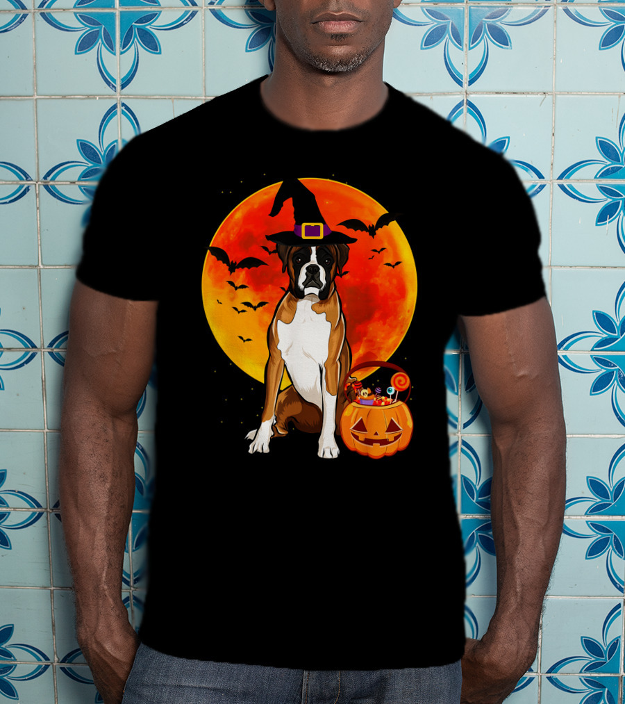 Boxer Dog With Witch Hat Pumpkin Full Moon Halloween Bats T-Shirt