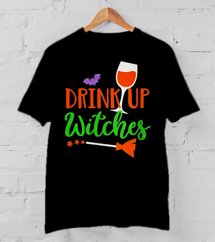 Drink Up Witches Halloween Vintage Family Wine Glass Broomstick Bat T-Shirt