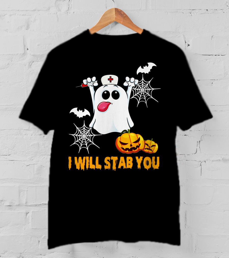 I Will Stab You Funny Nurse Ghost With Pumpkins And Bats T-Shirt